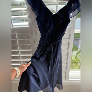 DKNY Dark Blue Midi Dress with Ruffle V-Neck